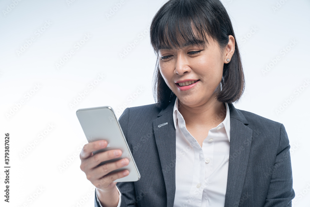 Business women use smartphones to work On white background Business women use smartphones to work On white background