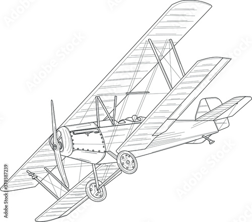 Retro vintage airplane realistic sketch template. Cartoon vector illustration in black and white for games, background, pattern, decor. Print for fabrics and other surfaces. Coloring paper, page, book