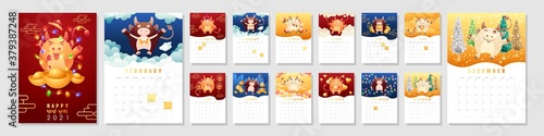 Set of 12 months Calendar 2021 A4 format for print. Calendar design concept with bull or ox, gold ingot and coins, orange and peach, garland and latern, christmas tree. Vector stock illustration.