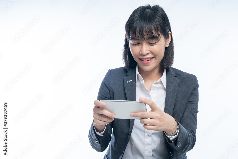 Business women use smartphones to work On white background Business women use smartphones to work On white background
