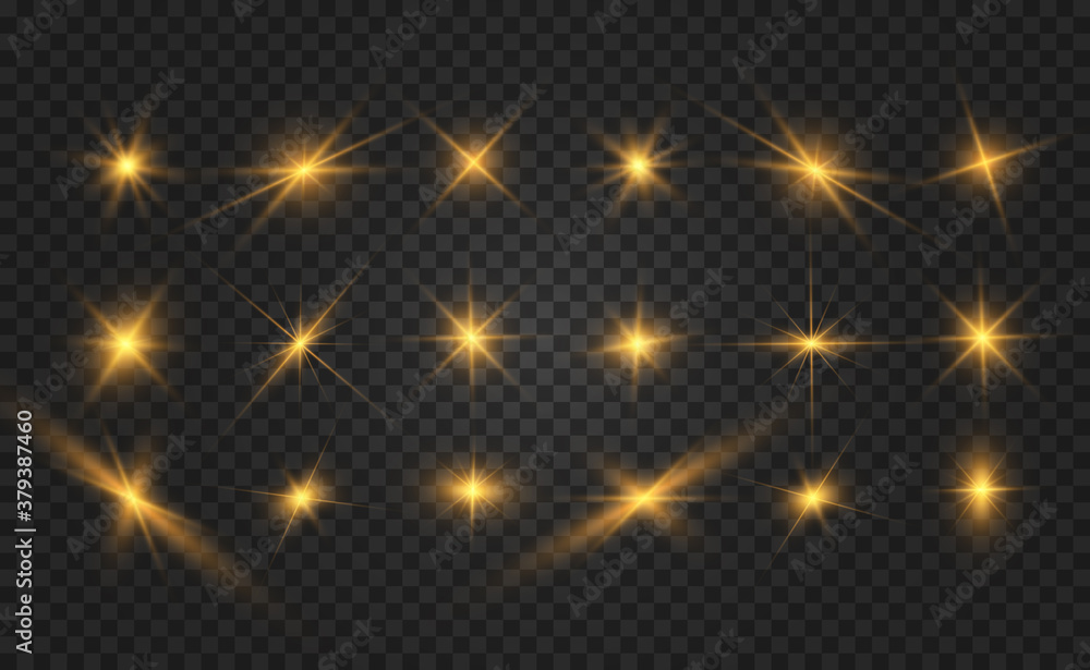 Set of gold bright beautiful stars. Light effect Bright Star. Beautiful light for illustration. Christmas star. White sparks sparkle with a special light. Vector sparkles on transparent background Set of gold bright beautiful stars. Light effect Bright Star. Beautiful light for illustration. Christmas star. White sparks sparkle with a special light. Vector sparkles on transparent background