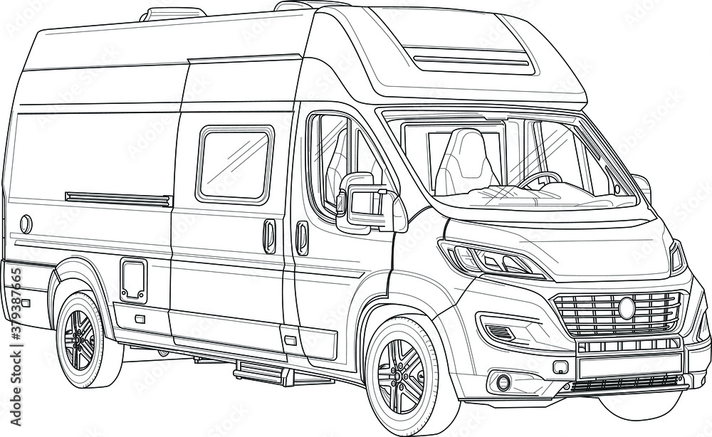 Camper van bus realistic sketch template. Cartoon vector illustration in  black and white for games, background, pattern, decor. Print for fabrics  and other surfaces. Coloring paper, page, story book Stock Vector |