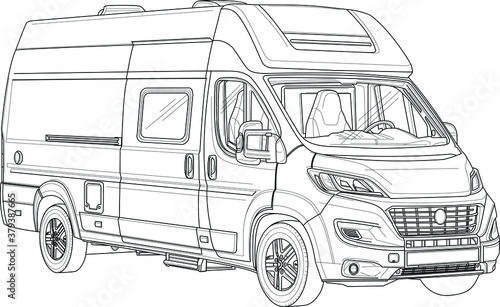 Camper van bus realistic sketch template. Cartoon vector illustration in black and white for games, background, pattern, decor. Print for fabrics and other surfaces. Coloring paper, page, story book