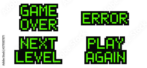 Slogan Game over, Error, Next lever Play again phrase in pixel art style with glitch VHS video effect Gaming icon Digital signal pixels Vector pixelated sign Computer quote 8 bit square raster