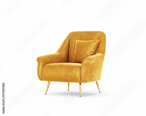 3d rendering of an Isolated modern yellow mustard velvet mid century lounge armchair	
