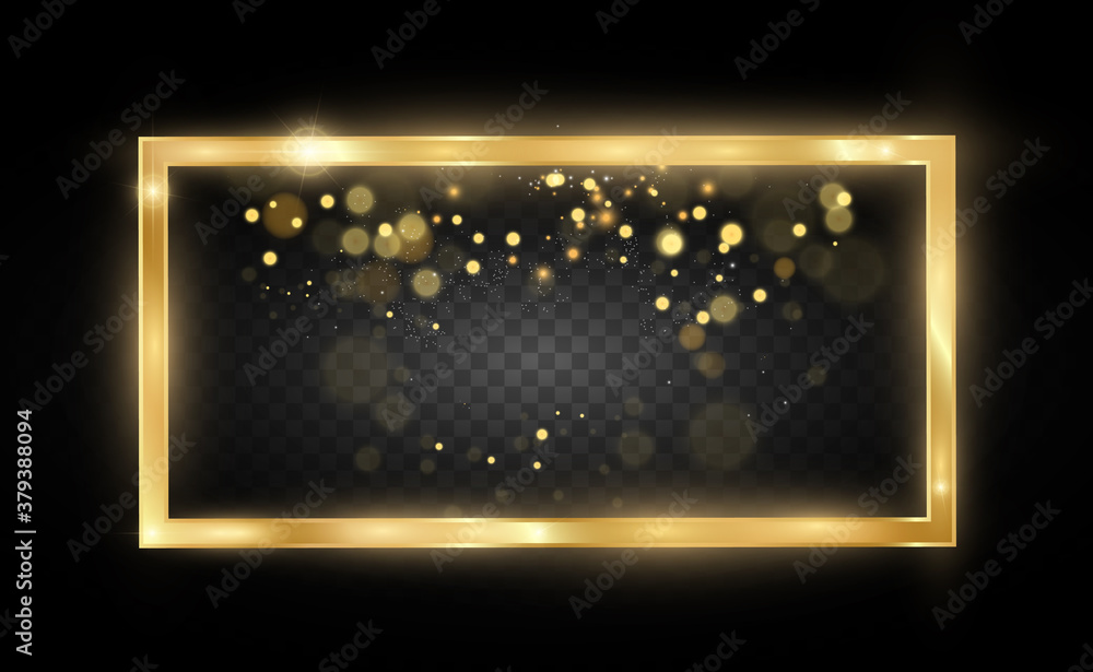 Obraz premium Gold glitter with shiny gold frame on a transparent black background. Vector luxury golden background.