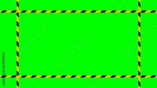 caution tape stripe on green screen background, green screen video and safety strip, warning tape line over green screen colour, ribbon yellow black striped on chroma key screen