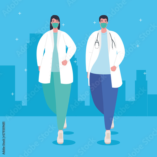 prevention covid 19, couple doctors wearing medical mask against coronavirus covid19 vector illustration design