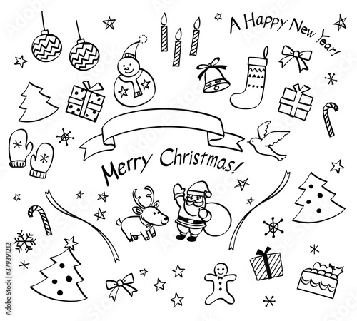 クリスマス　新年　手描きアイコンセット 