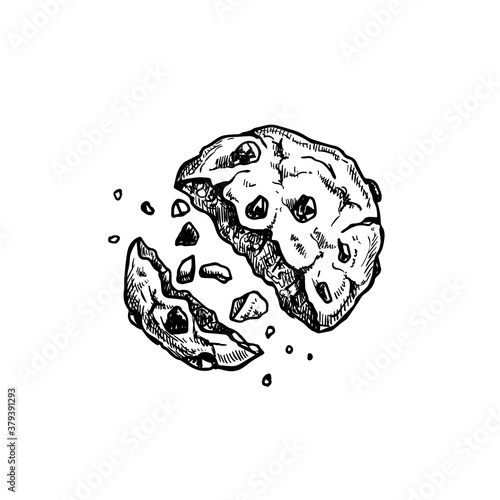 Chocolate chip cookie with crumbs. Top view. Hand drawn sketch style. Fresh baked. American biscuit. Vector illustration isolated on white background.