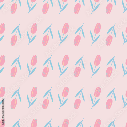 Little tulip flower silhouettes seamless pattern. Doodle simple ornament on light pink background.