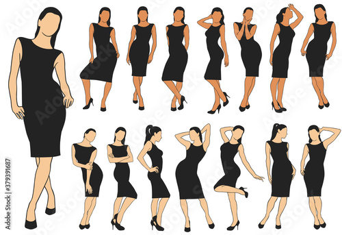 Set of colored vector silhouettes of woman in classic dress and shoes standing in different poses. Icons of fashion girl isolated on white background. Fashion illustration.