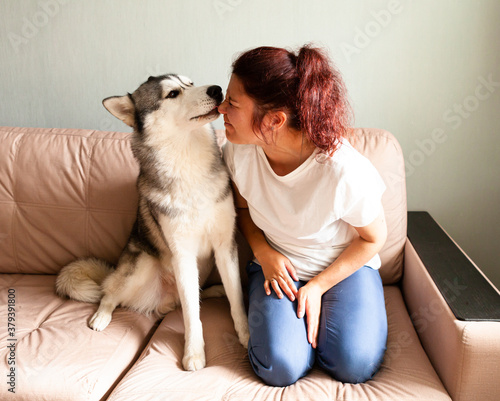 Young woman kissing her husky dog at home on the couch. life style © Ксения Фалёва