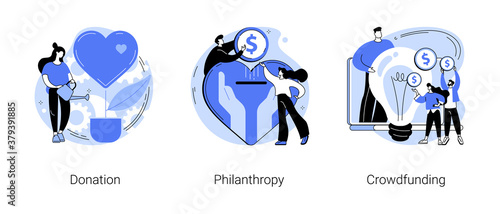 Fundraising abstract concept vector illustration set. Donation and philanthropy, crowdfunding and crowdsourcing, raise money in internet, financial support and charity project abstract metaphor.