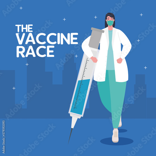 the race between country, for developing coronavirus covid19 vaccine, female doctor with syringe vector illustration design