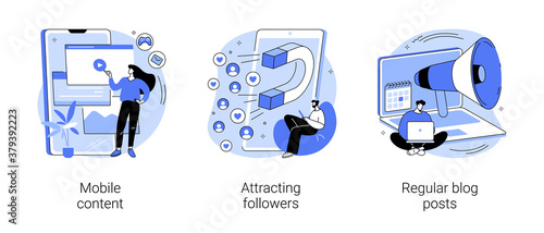 Content marketing service abstract concept vector illustration set. Mobile content, attracting followers, regular blog posts, live stream, follow social media, online notification abstract metaphor.