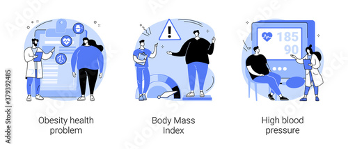 Obese people abstract concept vector illustration set. Obesity health problem, body mass index, high blood pressure, nutrition plan, junk food, body fat, heart attack, diabetes abstract metaphor.