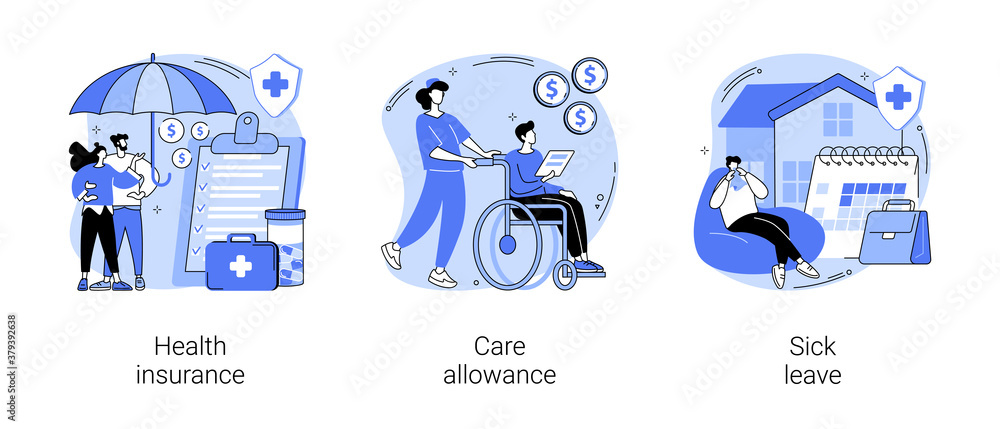 Medical care abstract concept vector illustration set. Health insurance, care allowance, sick leave, application form, emergency coverage, home nurse, social insurance, home office abstract metaphor.