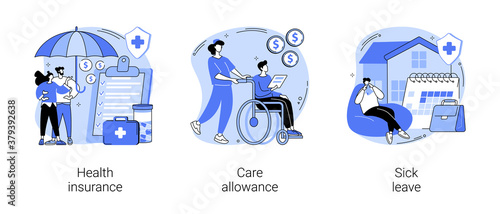 Medical care abstract concept vector illustration set. Health insurance, care allowance, sick leave, application form, emergency coverage, home nurse, social insurance, home office abstract metaphor.