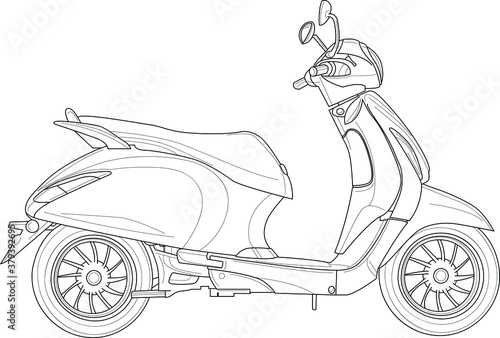 Electric scooter realistic sketch template. Cartoon vector illustration in black and white for games, background, pattern, decor. Print for fabrics and other surfaces. Coloring paper, page, story book