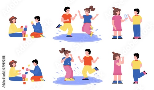 Cartoon characters set of boys and girls demonstrating good and bad behavior, flat vector illustration isolated on white background. Obedient and mischief children.