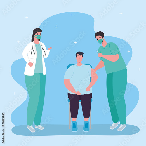 coronavirus covid19 vaccine, doctors vaccinating a patient vector illustration design