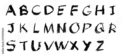 Black color grunge hand writing in english capital letter on white background