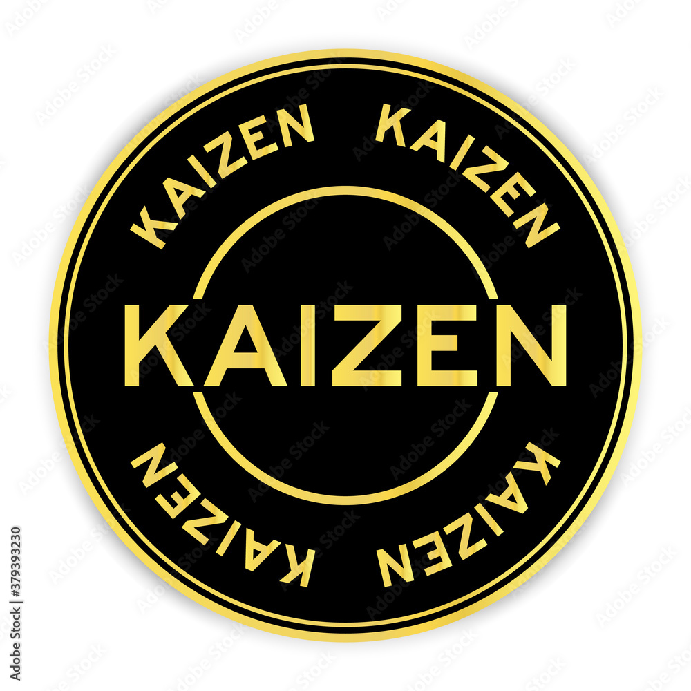 Black and gold color round sticker with word kaizen on white background
