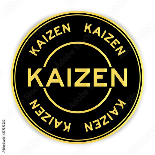 Black and gold color round sticker with word kaizen on white background