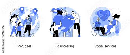 Help people abstract concept vector illustration set. Refugees, volunteering and social services, asylum seeker, immigration, welfare and child support, community organization abstract metaphor.