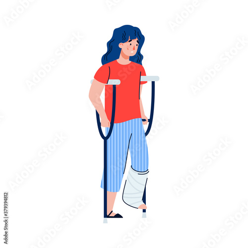 Injured woman cartoon character walks with crutches, flat vector illustration isolated on white background. Young woman with wounded leg and gypsum bandage.