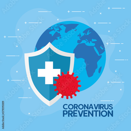 coronavirus prevention, world map with shield protection and world planet on background vector illustration design
