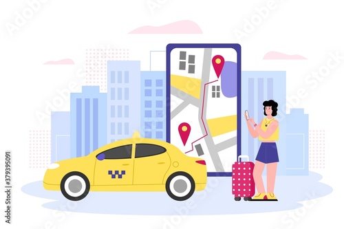 Mobile city transportation concept with traveling woman ordering taxi online, flat vector illustration isolated on white background. Online taxi car service.