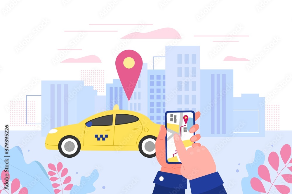 City landscape with standing taxi and gps location tag. Hand holding mobile phone with taxi service app on the screen, flat cartoon vector illustration City landscape with standing taxi and gps location tag. Hand holding mobile phone with taxi service app on the screen, flat cartoon vector illustration