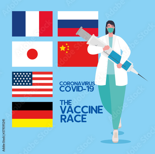 the race between country, for developing coronavirus covid19 vaccine, doctor female using face mask with syringe and flags of competing countries vector illustration design