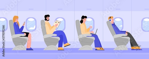 The interior of the plane with traveling passengers sitting in chairs. A journey or travel by aircraft. Airline plane at economy class. Flat cartoon vector illustration.