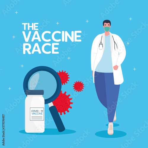 the race between country, for developing coronavirus covid19 vaccine, doctor wearing medical mask and magnifying glass vector illustration design