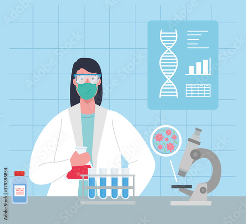 medical vaccine research coronavirus, doctor female in laboratory for medical vaccine research and educational microbiology for covid19 vector illustration design