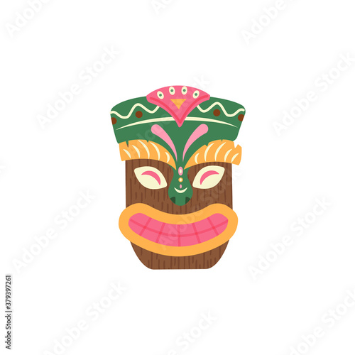 Wooden ethnic colorful hawaiian tiki face mask, flat vector illustration isolated on white background. Hawaiian or polynesian tribal folk culture totem.