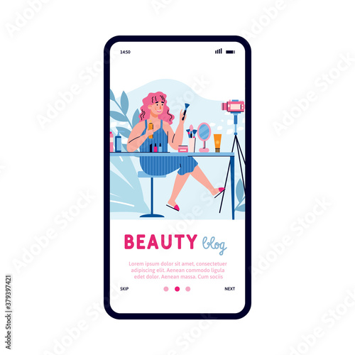 Mobile phone screen with a female beauty vlogger doing a cosmetics review. Online video tutorials on makeup and skin care. Creating content for Internet. Vector flat illustration.