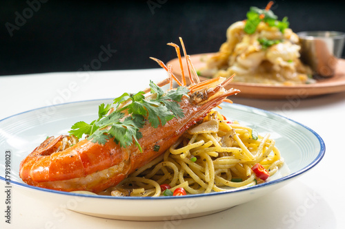 Close up king prawn spaghetti