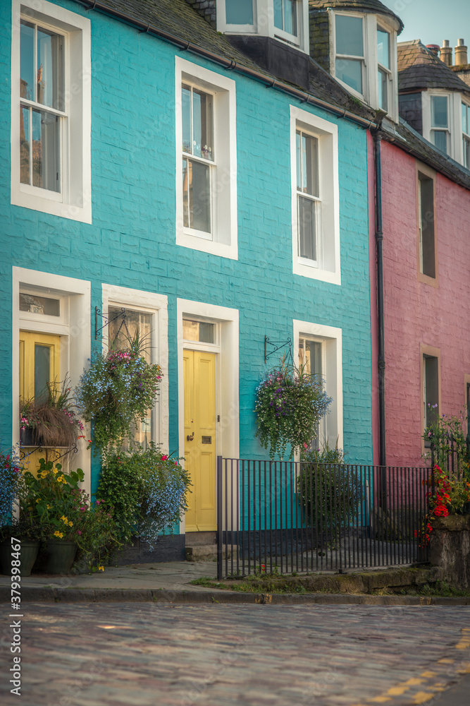 Colorful Houses on a Cobbled Street in South Queensferry near Edinburgh Scotland