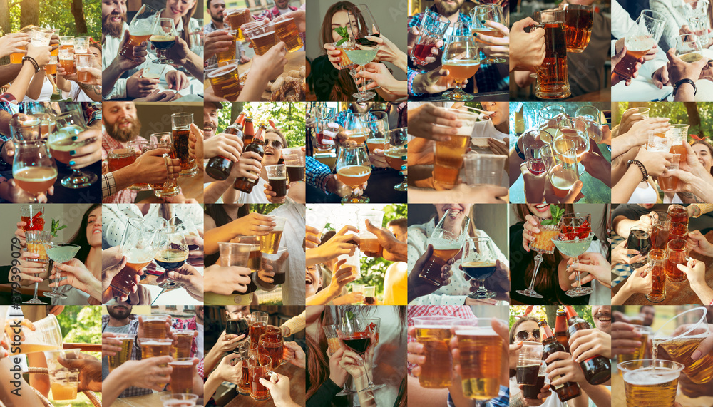 Collage of hands of young friends, colleagues during beer drinking, having fun, clinking bottles, glasses together. Collage design. Oktoberfest, friendship, togetherness, happiness, holidays concept