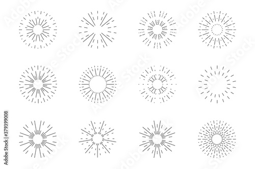 Sunburst line icon set. Collection of firework icons. Radial sunbeams. Vector decoration