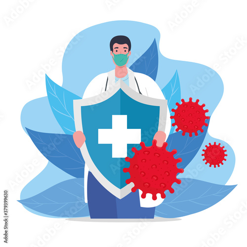 prevention covid 19, doctor wearing medical mask with shield protection vector illustration design