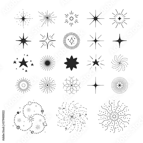 Stars  bursts  suns and galaxy. Vector isolated space sparkles. Sky design elements.