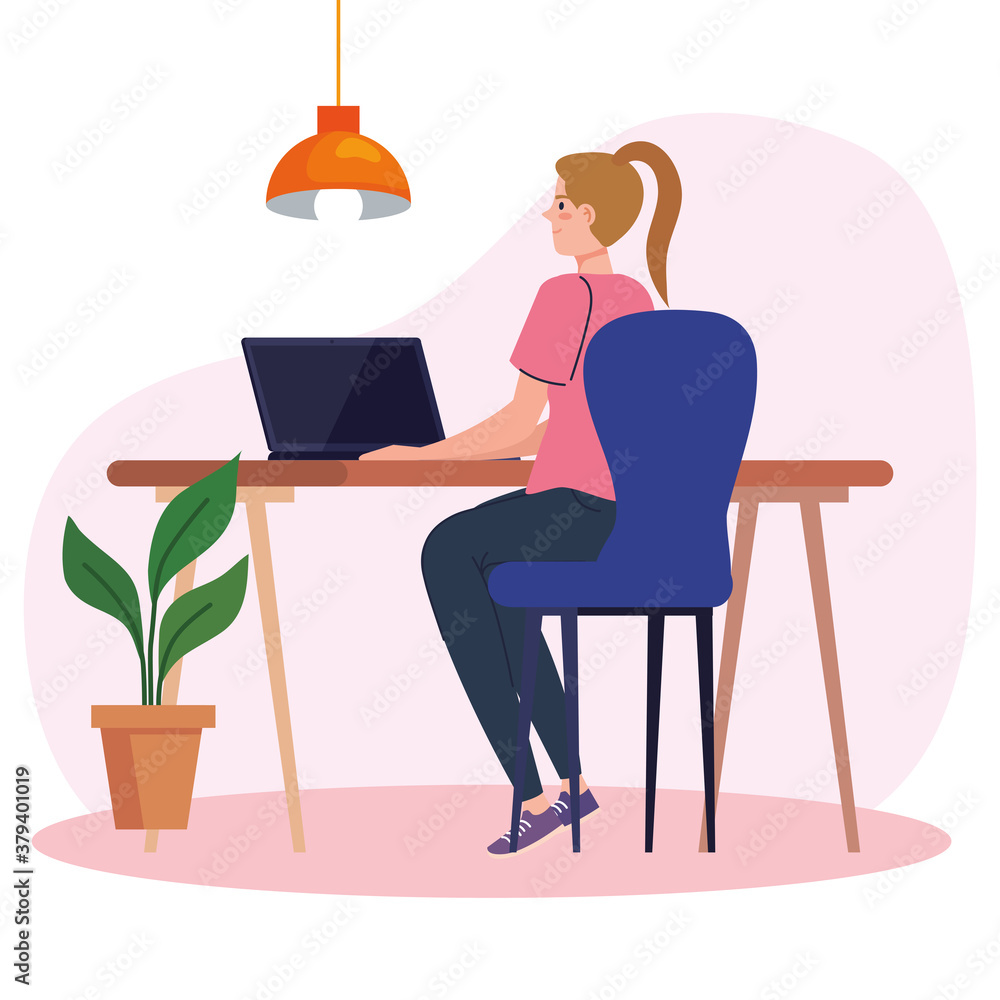 young woman using laptop in desk, working online vector illustration design young woman using laptop in desk, working online vector illustration design