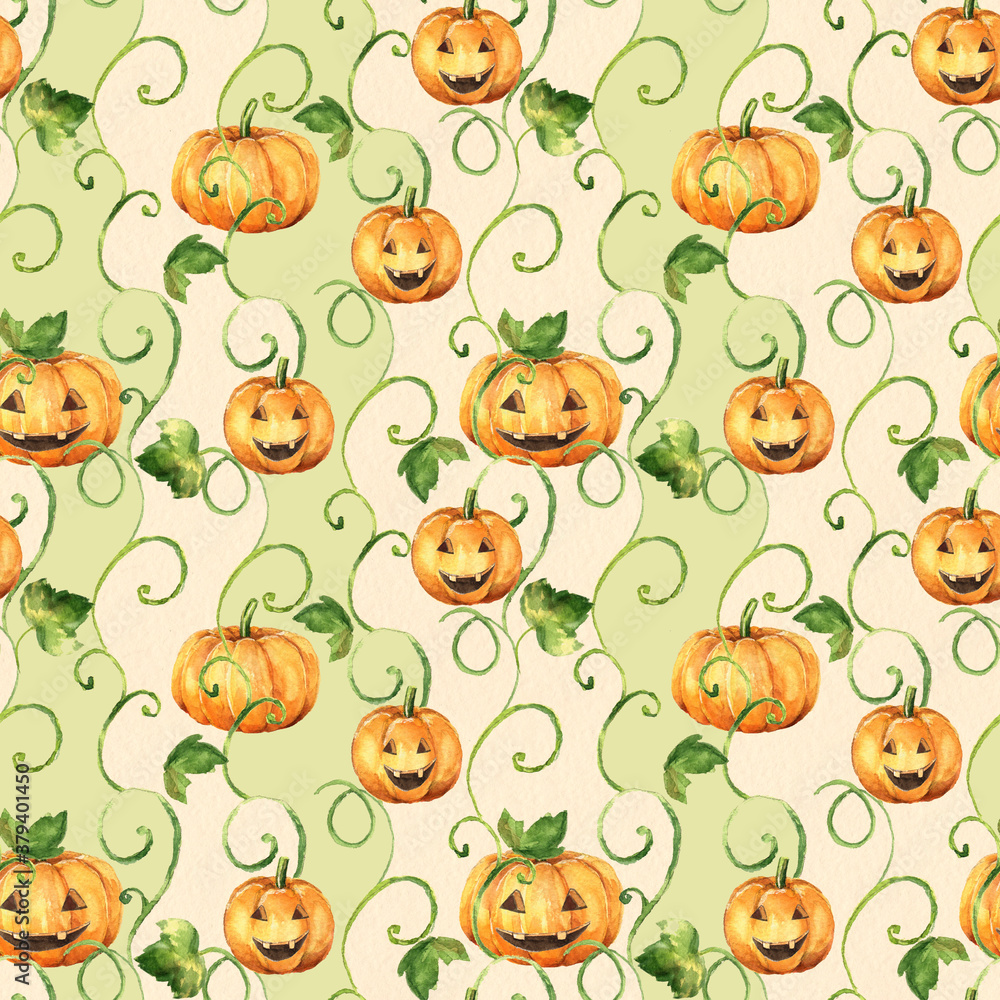 Halloween pumpkins with leaves. Watercolor seamless pattern