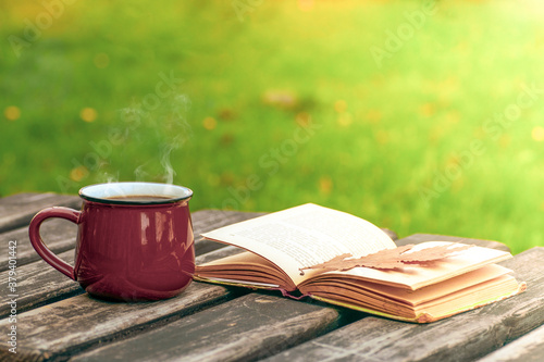 A cup of coffee or tea and a book on a park bench. Autumn mood, comfort and reading.