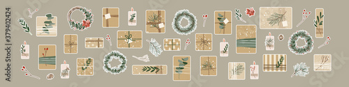 Big set of festive stickers. Different christmas presents in kraft paper and wreaths. Rustic gift box. Eco decoration, eucalyptus, spruce. Xmas and New Year celebration preparation. Vector flat style